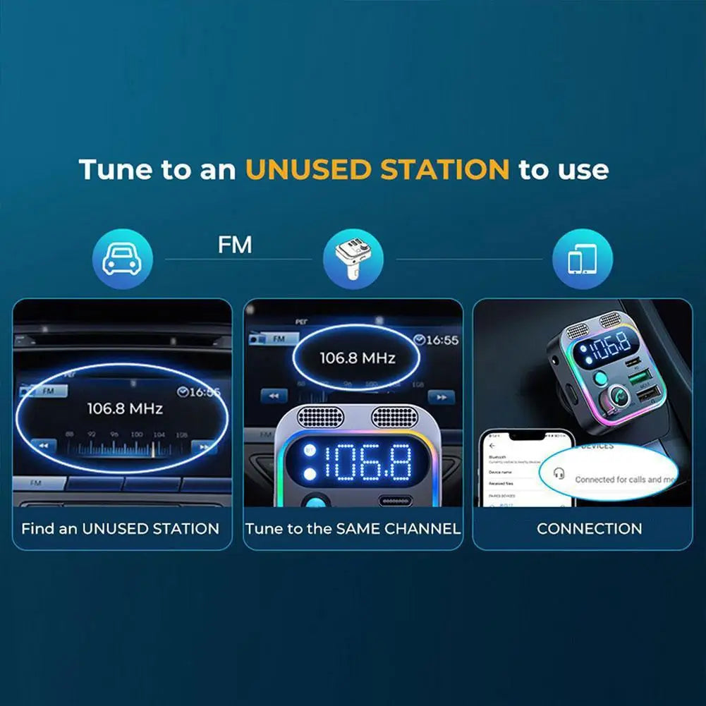 Bluetooth 5.3 FM Transmitter 4 Port USB Car Charger Type C PD 250W Fast Charging