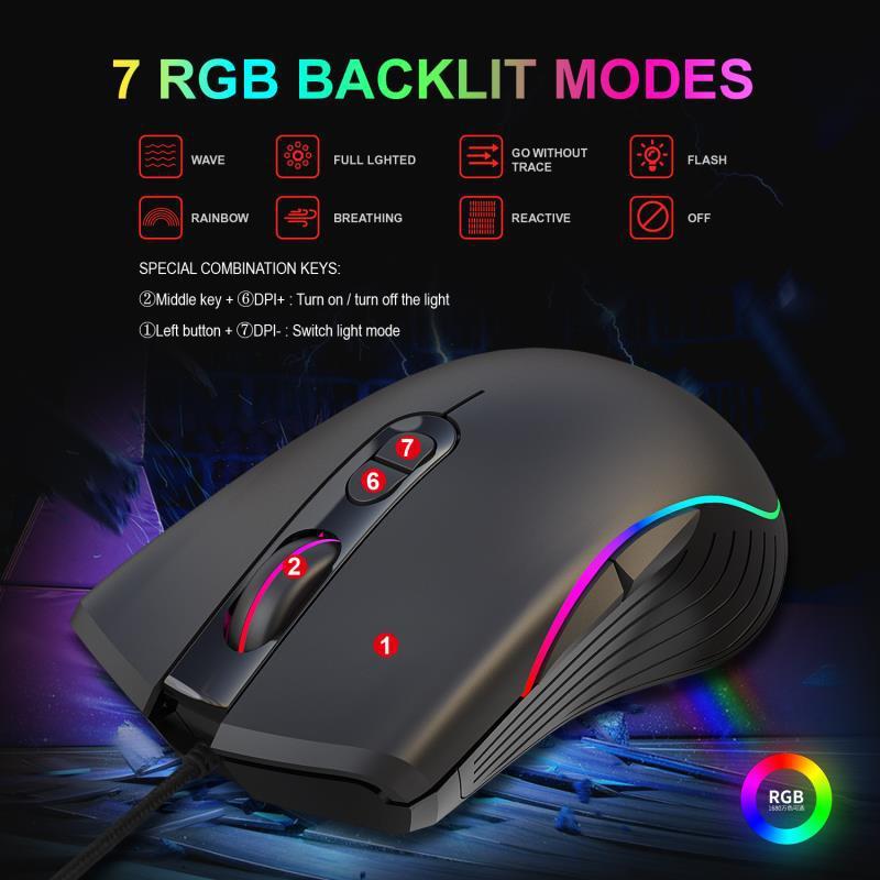RGB Gaming Mouse - 6400 DPI Wired Optical Mouse with 7 Programmable Buttons | Ergonomic Design