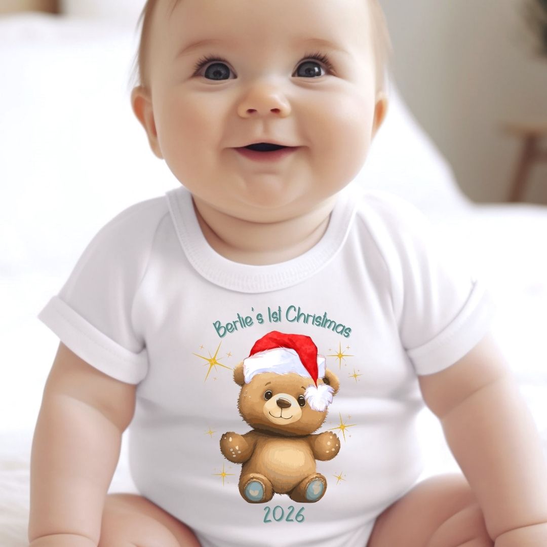 Personalised 1st Christmas Baby Gift Box, Teddy Bear & Baby Outfit
