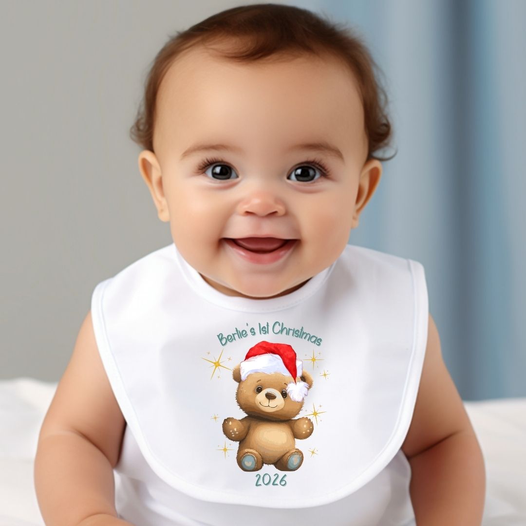 Personalised 1st Christmas Teddy Baby Vest, Babygrow or Bib, Newborn Xmas Gift