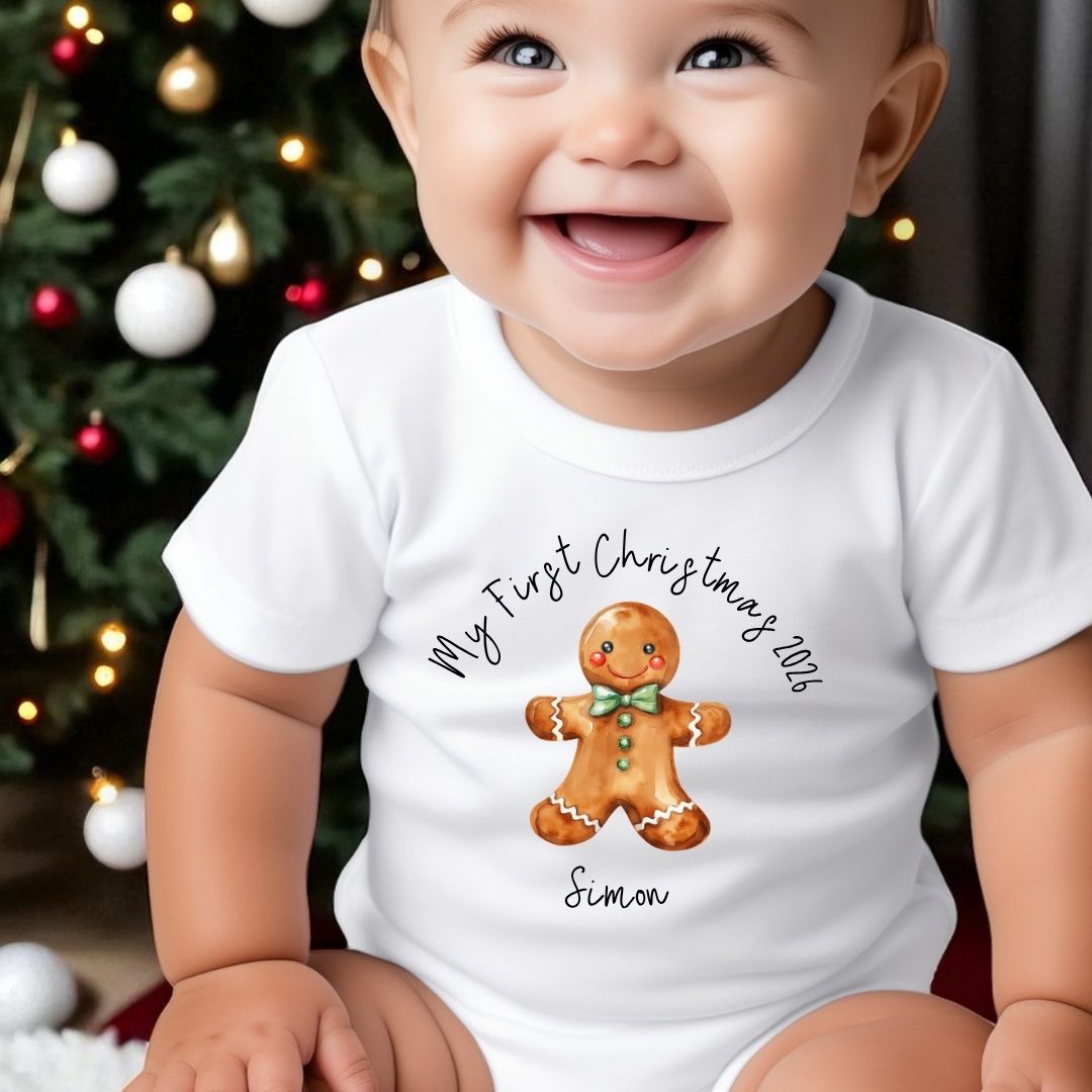 Personalised Christmas Gingerbread Baby Vest, Babygrow or Bib, Newborn Xmas Gift