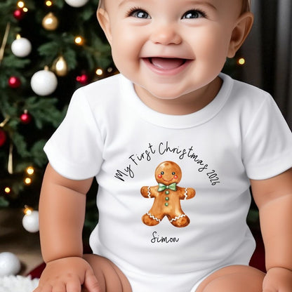 Personalised Christmas Gingerbread Baby Vest, Babygrow or Bib, Newborn Xmas Gift