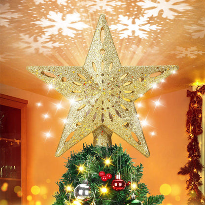 3D LED Christmas Tree Topper Star | Snowflake Projector | Glitter Silver & Gold | Rotating Light | Home Xmas Decoration | Michan Direct