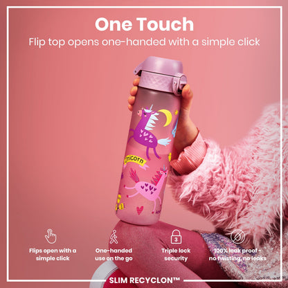 Leak Proof Slim Water Bottle, Recyclon, Unicorns, 500ml (18oz)