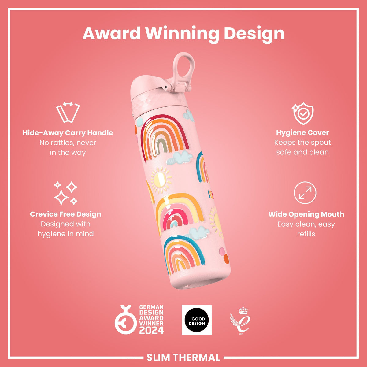 Leak Proof Slim Thermal Steel Water Bottle, Insulated, Rainbows, 500ml (17oz)