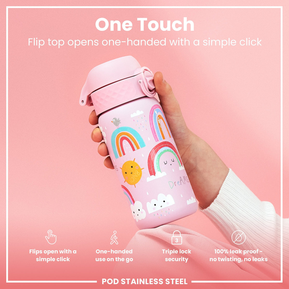 Leak Proof Kids Water Bottle, Stainless Steel, Rainbows, 400ml (13oz)