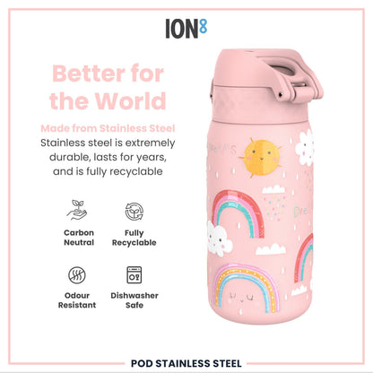 Leak Proof Kids Water Bottle, Stainless Steel, Rainbows, 400ml (13oz)
