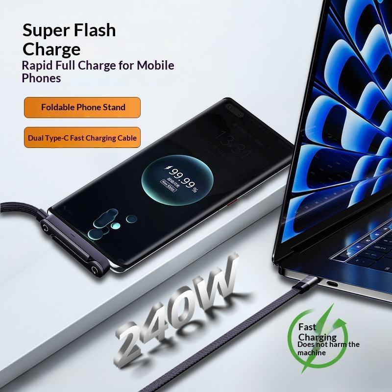 240W Foldable Phone Stand USB-C Super Fast Charging Cable