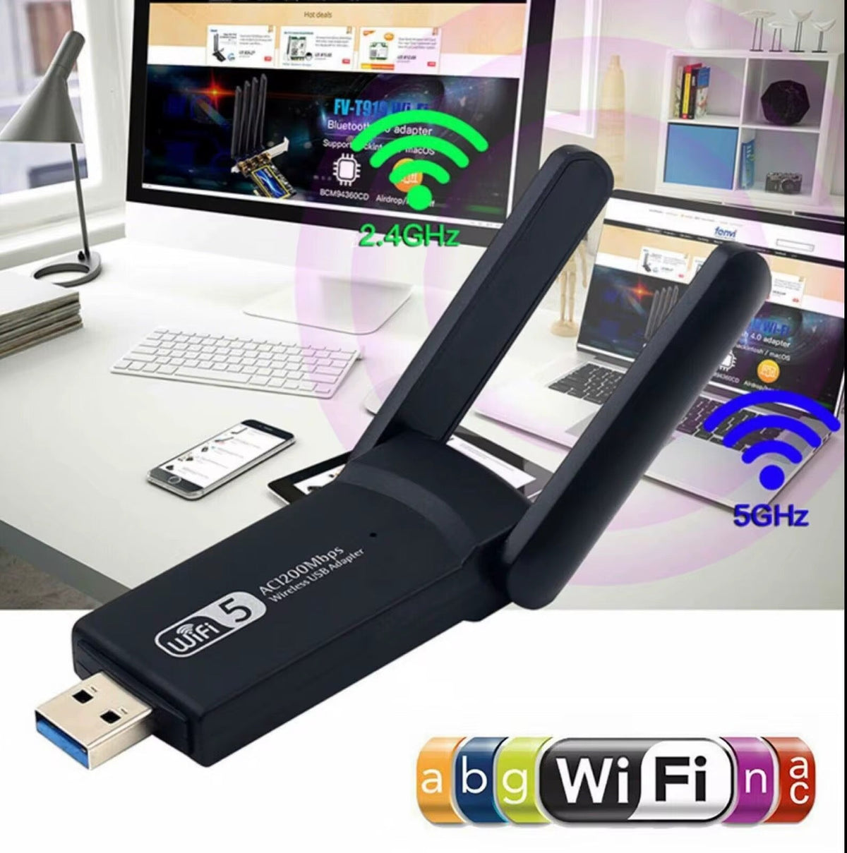 WiFi 5 AC1300 Dual Band USB 3.0 Wireless Adapter – 1300Mbps High Speed WiFi Dongle for PC & Laptop