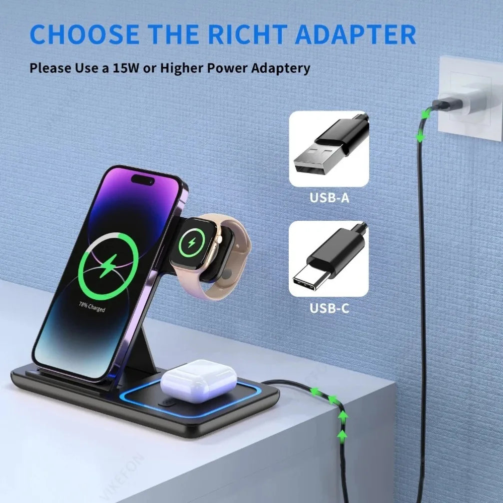 Foldable 3 in 1 30W Wireless Charging Station for iPhone