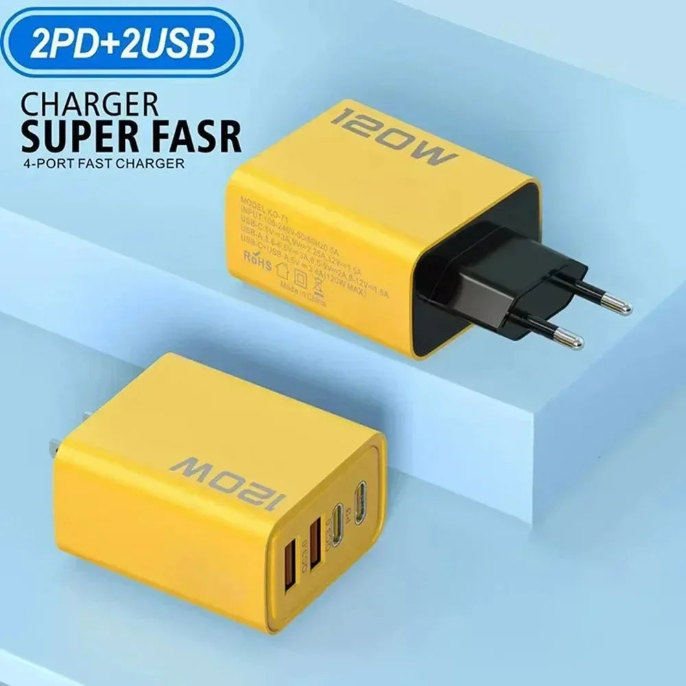 Quick Charge 3.0 Fast Charger Muti Total 120W 4 Port USB Type C PD Mobile Phone Wall Adapter for iPhone 16 Samsung S24 Xiaomi 15