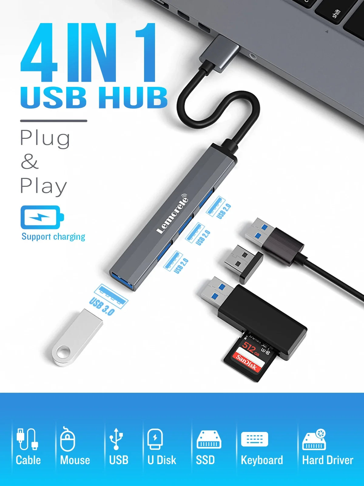 Lemorele 120cm 4Ports USB HUB OTG USB A 3.0 Adapter Multi Splitter Adapter Laptop Accessories For Xiaomi Lenovo Macbook Pro