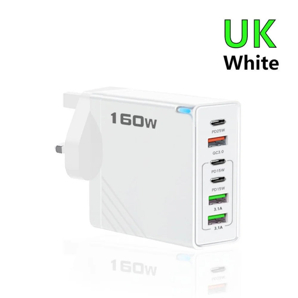 160W Multi Ports USB Type C Charger Fast Charging Phone Charger Adapter For iPhone Samsung Xiaomi EU/US/UK Plug USB Wall Charger