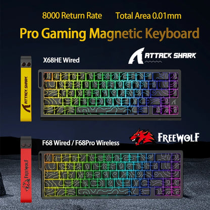 8K Magnetic Gaming Keyboard ATTACK SHARK X68HE Wired and FREEWOLF F68 Wired F68Pro Wireless for Pro Gaming 0.01mm Rapid Trigg