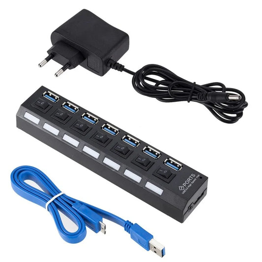 GRWIBEOU USB 3.0 Hub USB Hub 3.0 Use Power Adapter Multi USB Splitter 7 Port Multiple 3 Hab Expander USB Hub with Switch for PC