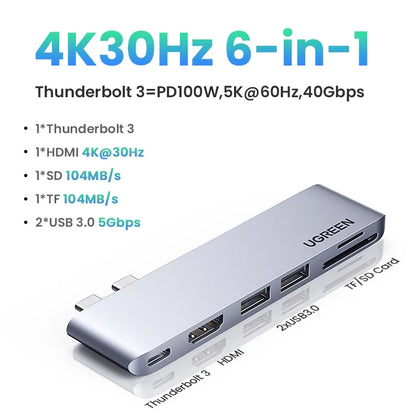 UGREEN USB C HUB 6-in-2 Type-C to Thunderbolt 3 4K HDMI USB3.0 SD&TF Adapter for MacBook Pro Air Docking Station USB-C Splitter
