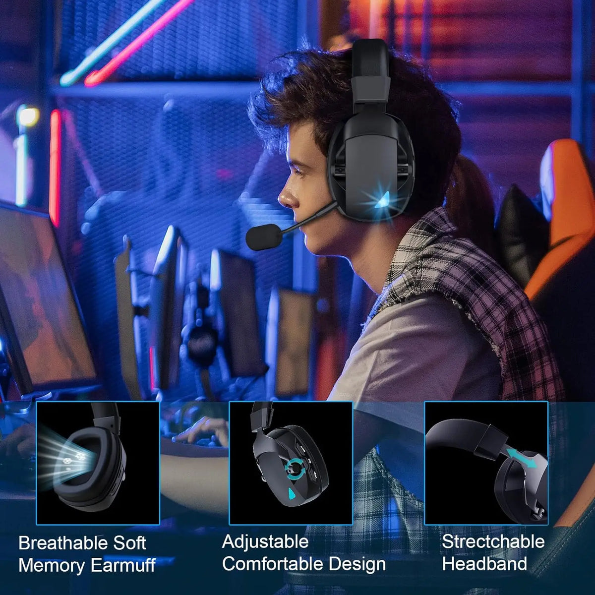 Wireless Gaming Headset with Detachable Noise Cancelling Microphone,2.4G Bluetooth-USB-3.5mm Wired Jack 3 Modes for Multi-device