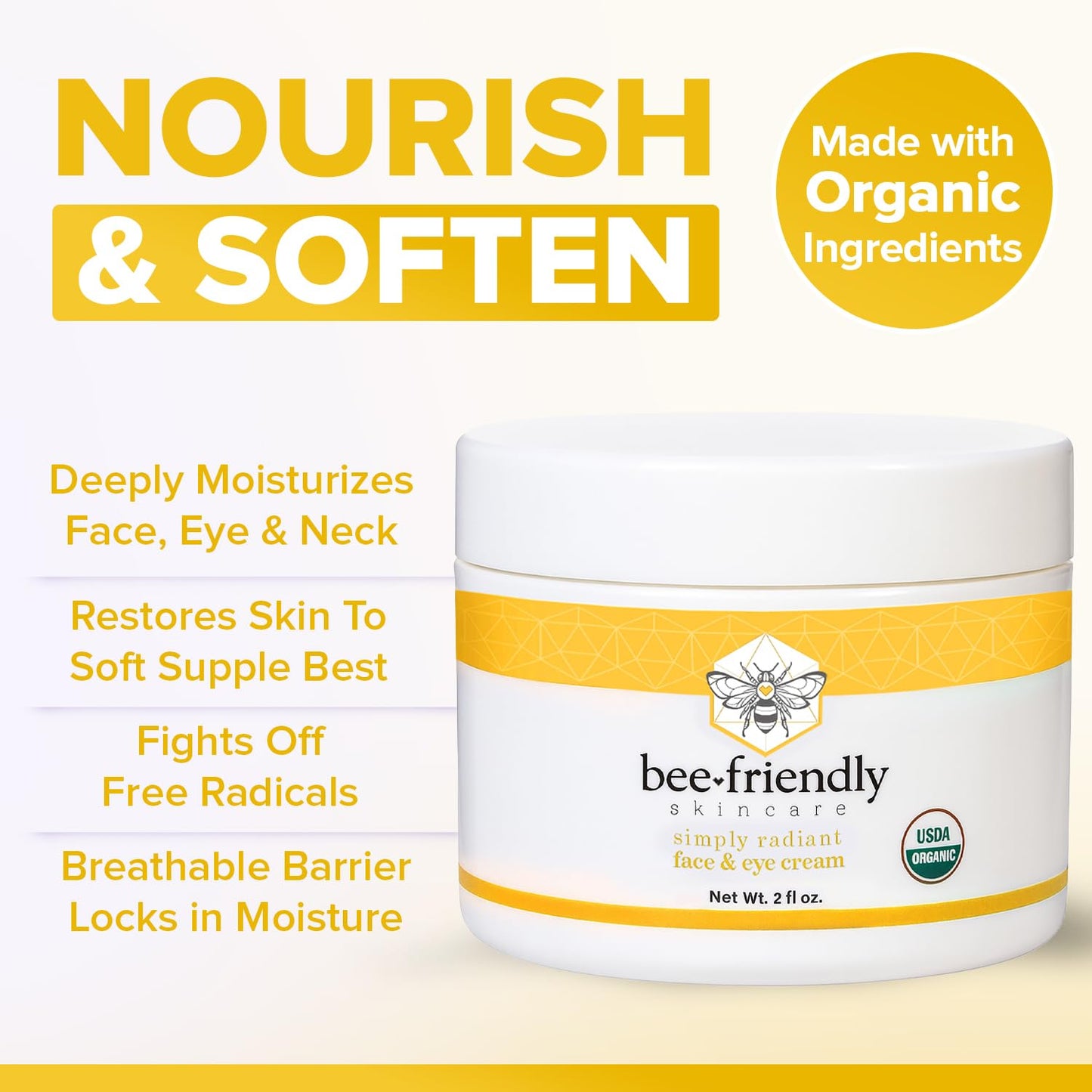 BeeFriendly Organic Face & Eye Cream – USDA Certified Organic Moisturizer for Face, Neck & Decollete