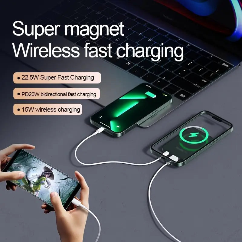 Magnetic Wireless Power Bank 5000mAh/10000mAh – 22.5W Fast Charge & PD20W Portable Charger with LED Power Display, USB/Type-C Output, Compatible with iPhone 15 Pro/14/13/12 & Android Phones – Travel Emergency Backup Battery