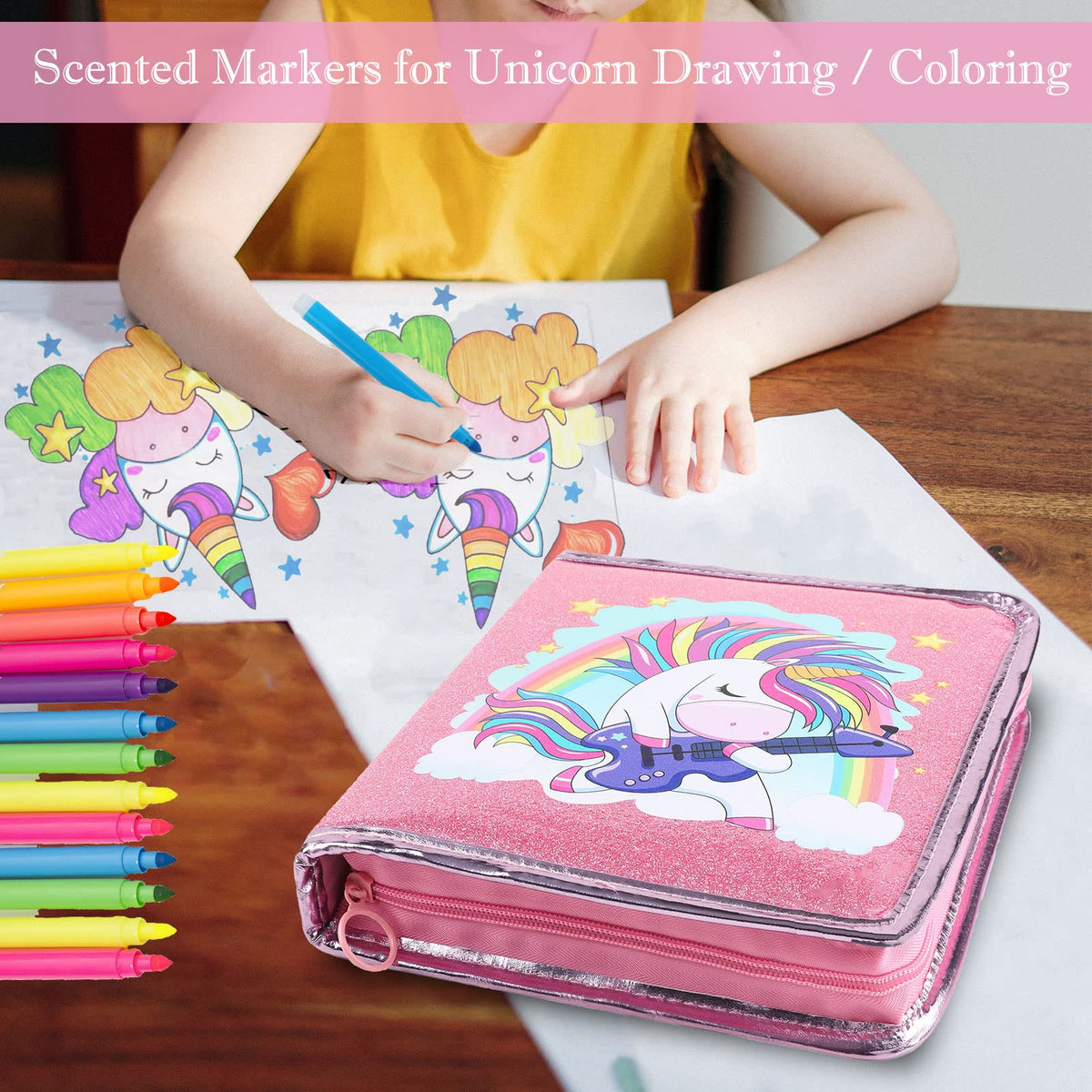 Leeche Fruit Scented Markers Set 44 Pcs with Unicorn Pencil Case – Art Supplies for Kids Ages 4-6-8