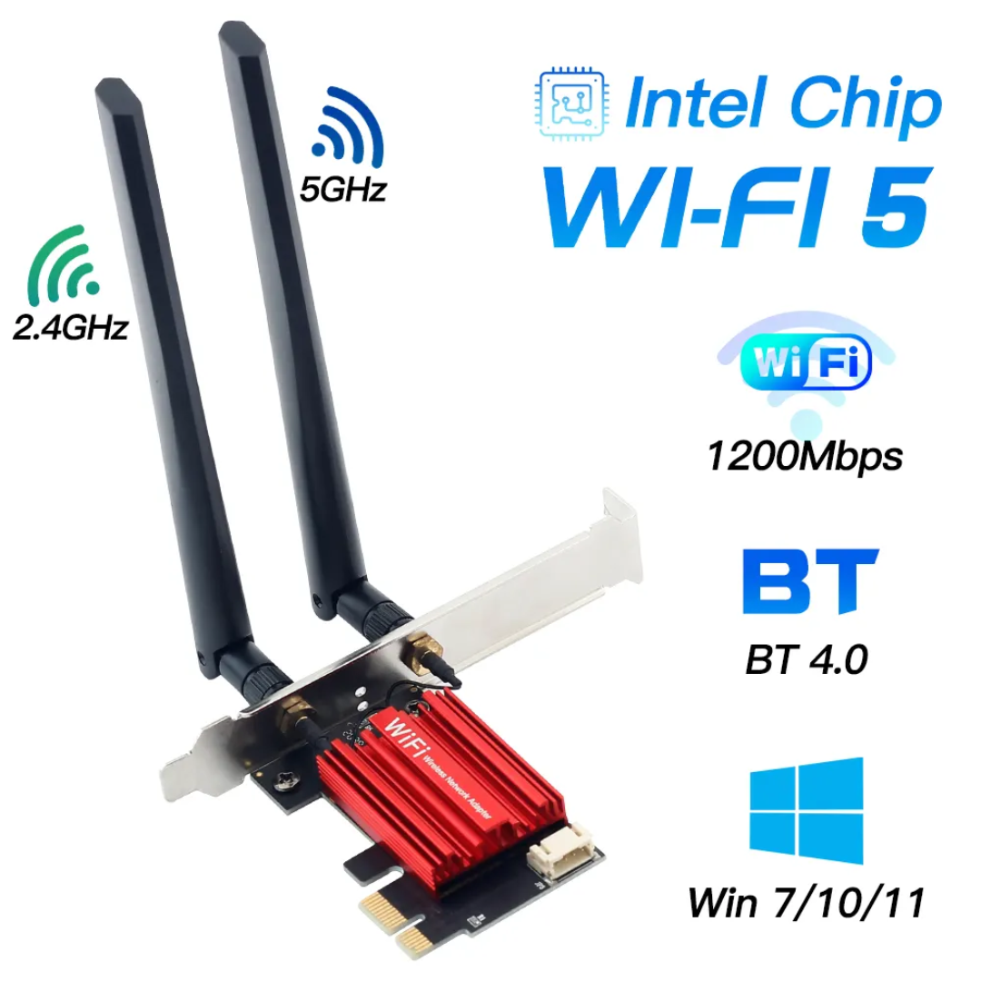 PCIe WiFi 5 AC1200 Wireless Network Card with Bluetooth 4.0 – Dual Band 2.4GHz/5GHz Desktop PC Adapter for Windows 7/10/11