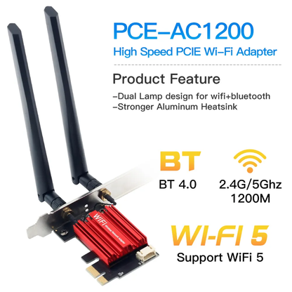PCIe WiFi 5 AC1200 Wireless Network Card with Bluetooth 4.0 – Dual Band 2.4GHz/5GHz Desktop PC Adapter for Windows 7/10/11