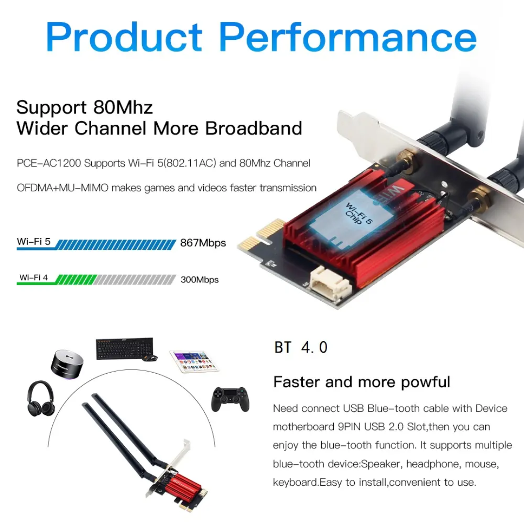 PCIe WiFi 5 AC1200 Wireless Network Card with Bluetooth 4.0 – Dual Band 2.4GHz/5GHz Desktop PC Adapter for Windows 7/10/11